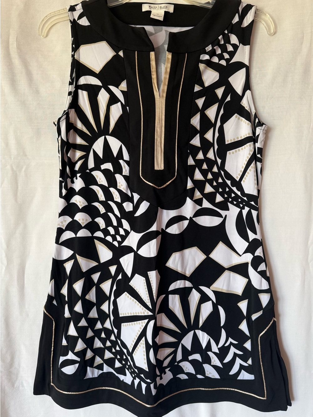 White House Black Market Geometric Print Sleeveless Tunic Gold Trim Medium